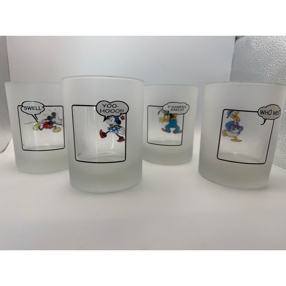 Disney Peek-a-Boo Frosted Glass Set Mickey Minnie Donald Goofy 4pc Tumblers